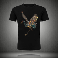潮牌烫钻短袖T恤男丝光莱卡棉弹力修身仙鹤镶钻青年圆领半袖t恤男 黑色 S