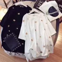 夏装新品港风趣味时尚金色亮片星星短袖宽松T恤女打底衫TEE上衣 亮片星星[开叉白色] M