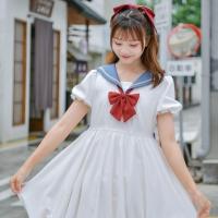 迪士尼授权原创森女部落萌趣蓬蓬裙学院风海军领白色短袖连衣裙夏 连衣裙送蝴蝶结 XXS 55斤-69斤可穿