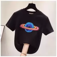 95%棉星球亮片白色短袖女t恤修身2021春夏新款韩版半袖打底衫上衣 黑色[纯棉星球亮片] S