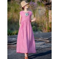原创民族风仿棉麻连衣裙女装2021夏季新款休闲文艺范中长款裙子 粉红色 M码建议115斤