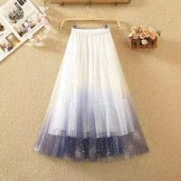 夏季新款渐变色星空网纱裙亮片仙女裙中长款a字显瘦百褶半身裙女 白色渐变 S