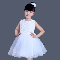女童公主蓬蓬纱裙元旦演出服儿童白色舞蹈表演服装幼儿园合唱服装 无袖白毯花 100