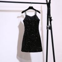 大码女装300斤性感裙子女士新款夏气质亮片吊带裙200斤黑色连衣裙 黑色 [XL码建议100-130斤]