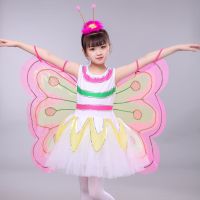 万圣节儿童表演服蝴蝶虫儿飞演出服女童舞蹈服花仙子翅膀衣服纱裙 白色无袖款 120