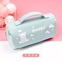 钟表挂件笔袋双层帆布文具袋小学生女简约大容量多功能文具盒ins 蓝色不带表