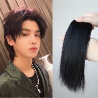 鲻鱼头假发男女生一片式直发片真发中分隐形无痕接发帅气男士短发 黑色 一片式假发
