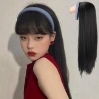 假发女长直发时尚iu同款蓝色懒人发箍一体半头全头套羊毛大波浪卷 黑色假发[浅蓝色发箍] 长直发