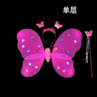 新款小女孩演出天使蝴蝶翅膀发光魔法棒玩具小魔仙儿童节表演套装 普通单层不发光三件套玫红