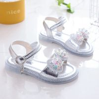 儿童凉鞋2021夏季女童公主蝴蝶结水钻凉鞋宝宝学生软皮女孩舞蹈鞋 银色518 脚长加1厘米等于内长