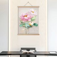 中式荷花装饰画挂画免打孔墙上电表箱卷轴挂画玄关装客厅装饰画 A-荷花 30*40[天然原木+高清油画布]