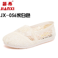 简希布鞋女夏老北京一脚蹬蕾丝懒人帆布鞋镂空小白鞋透气网面凉鞋 镂空JX056/米白色 35