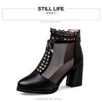 2021软皮蕾丝花边网纱凉靴水钻亮片粗跟凉鞋女士网纱单靴短靴棉靴 7厘米黑色 35