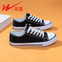 双星低帮鞋子女百搭学生帆布鞋女鞋2021新款韩版情侣板鞋平底布鞋 黑色-低帮 35-女