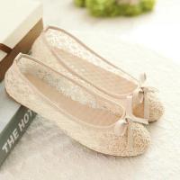 春夏老北京布鞋女透气网布单鞋蕾丝镂空软底女鞋平底豆豆鞋孕妇鞋 杏色蝴蝶结偏小一码 35