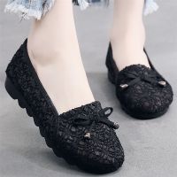 聚氨酯底蕾丝夏季平底豆豆鞋老北京布鞋女妈妈鞋单鞋护士鞋医院鞋 黑色 网26标准码 34