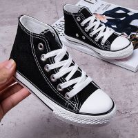 卡通帆布鞋儿童高帮手绘男女板鞋中大童秋冬新款加绒百搭休闲鞋子 高帮黑无图 26