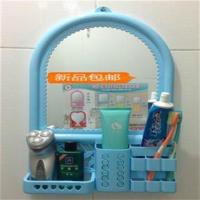 挂镜壁挂镜化妆穿衣镜浴室镜出租屋镜带置物架镜圆形塑料镜 04小号兰