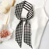 韩国百搭文艺细长条窄围巾女装饰丝巾小领巾发带绑包丝带腰带飘带 黑色[大方格] 约130cm*6cm