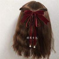丝绒洛丽塔飘带蝴蝶结发饰小仙女丸子头发夹学生超可爱甜美头饰品 酒红 丝绒蝴蝶结 鸭嘴夹款