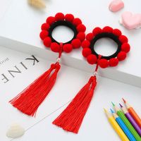 儿童丸子头发圈彩色球球流苏皮筋女童扎头绳毛毛球发饰小女孩头饰 大红色毛球发圈[一对]