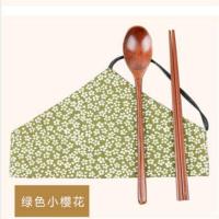 厂家直销棉布袋餐具套装帆布袋筷勺两件套便携环保收纳 绿色小樱花