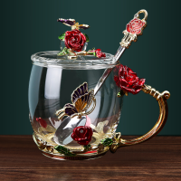 珐琅彩工艺水杯欧式风格家用杯子花茶杯咖啡杯奶茶杯情侣杯 红玫瑰矮杯带勺带盖简装