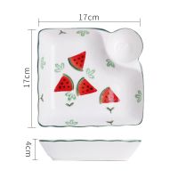 手绘水果家用陶瓷蒸饺子盘带醋碟盘子菜盘寿司盘薯条盘创意水饺盘 TE815方形饺子盘-[西瓜]