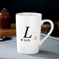 创意陶瓷杯马克杯咖啡杯带盖勺水杯牙刷杯情侣杯大容量茶水杯 L 白+黑字(无盖勺)