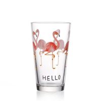 创意简约玻璃杯学生女可爱韩版加厚耐热大容量带盖勺吸管喝水杯子 火烈鸟 单杯 (无盖)