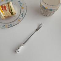 ins风碎石纹陶瓷柄不锈钢叉勺子石英石贴金花 碎石纹果叉