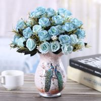 欧式假花仿真花客厅摆设餐桌茶几绢花摆花件卧室装饰玫瑰干花盆栽 双孔雀+4蔷薇玫蓝