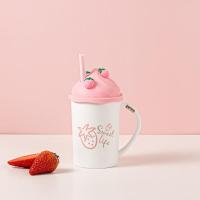 情侣杯高颜值吸管杯女生水杯韩版杯子陶瓷可爱夏季马克杯带盖学生 草莓杯 A款