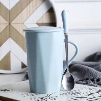 创意陶瓷杯马克杯带盖勺男女学生情侣杯办公咖啡杯家用茶杯 满天星浅蓝 单杯[无勺无盖]