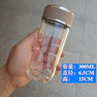 商务简约水杯子小玻璃杯单层加厚男女便携透明绿茶杯小号喝水杯 320ML二代皮纹-棕色加厚圆底 杯子(无赠品)