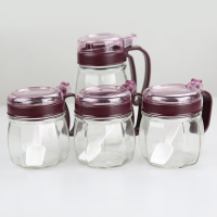 厨房用品玻璃调料盒盐罐调味罐家用佐料瓶收纳盒调味瓶4/5/6件套 酒红 2油壶+底座