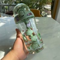 创意少女吸管杯儿童卡通背带搅拌水杯学生便携户外粉嫩随手塑料杯 绿色猫咪搅拌杯500ml 裸杯(收藏送杯刷吸管刷贴画)