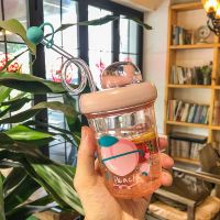 卡通可爱景观水果转转塑料杯夏日儿童吸管杯子女创意学生情侣水杯 蜜桃粉 390ml