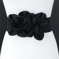 韩版时尚双花朵装饰束腰带女宽腰封松紧弹力女士裙子腰带黑色百搭 黑色