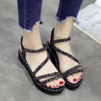 女士凉鞋2021年新款夏季厚底露趾凉鞋女水钻松紧带套脚松糕沙滩鞋 黑色 塑料硬底 35 标准码