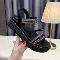 凉鞋女2021夏季新款百搭学院风厚底松糕鞋平底中跟水钻松紧带女鞋 金色 35