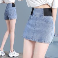 新款刺绣牛仔短裤女松紧腰夏季薄款直筒宽松显瘦大码高腰a字热裤 693蓝色松紧4分裙裤 25 码建议70-80斤可穿