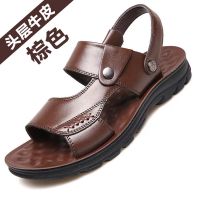 凉鞋男2020新款夏季休闲男鞋真皮软底沙滩鞋外穿牛皮两用凉拖鞋男 深棕色 38