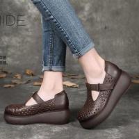 松糕鞋女休闲单鞋2021春秋季新款百搭坡跟复古女鞋厚底皮鞋 咖啡色 35 偏小半码,脚胖拍大一码