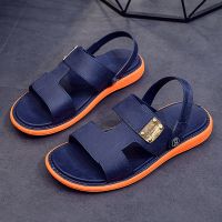 男士凉拖鞋2021夏季新款潮流越南橡胶皮软底中年外穿两用沙滩凉鞋 深蓝桔 39
