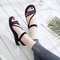 厚底凉鞋女平底韩版2021新款夏季时尚中跟海边沙滩百搭坡跟松糕鞋 黑色[008平底] 35