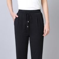 夏季薄款冰丝裤女中老年女裤宽松弹力休闲裤女松紧高腰速干裤女 黑色[带腰绳]女裤 XL 体重90-110斤
