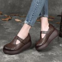清仓软皮松糕鞋女休闲单鞋2021春秋季新款百搭坡跟复古女鞋皮鞋 咖啡色 (偏小半码,脚胖建议拍大一码) 35
