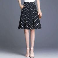 波点a字裙百搭半身中裙女夏2021新款高腰松紧百褶大裙摆短裙裙子 黑色(口袋+安全裤) S