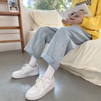 秋冬款牛仔裤男士直筒裤宽松韩版百搭浅蓝色长裤子男学生潮流休闲 蓝白色[高品质直筒裤] 5XL